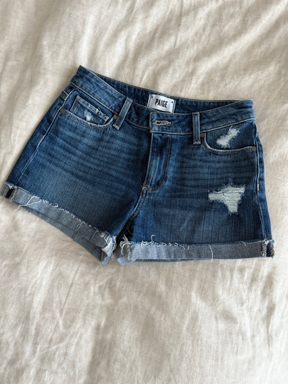 PAIGE Dark Blue Distressed Denim Roll-Cuff Shorts